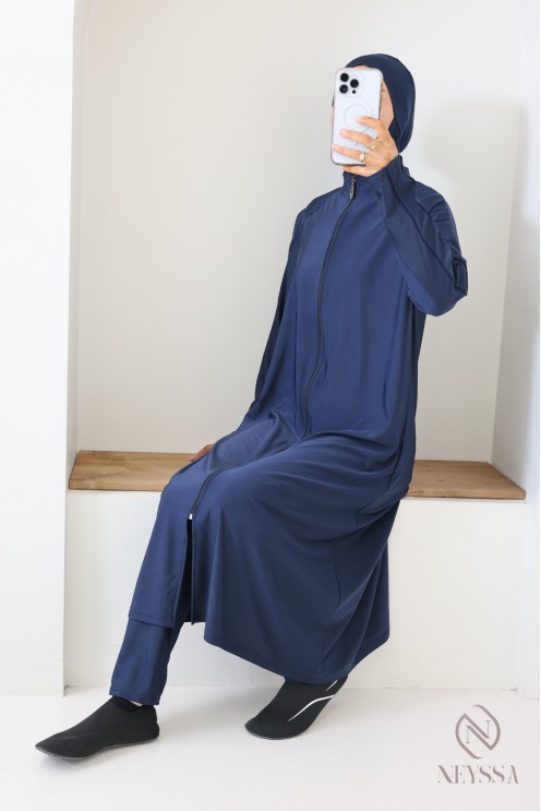 Blauer Burkini Tunika extra lang mit Reißverschluss, für stillende Frauen.