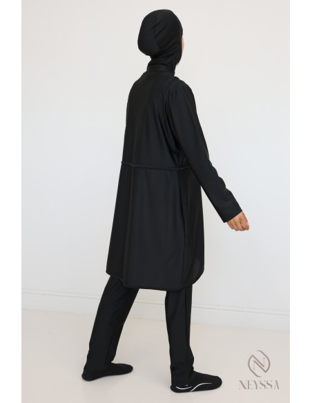 Veiled woman black burkini, tunic with zip, pants and integrated hood