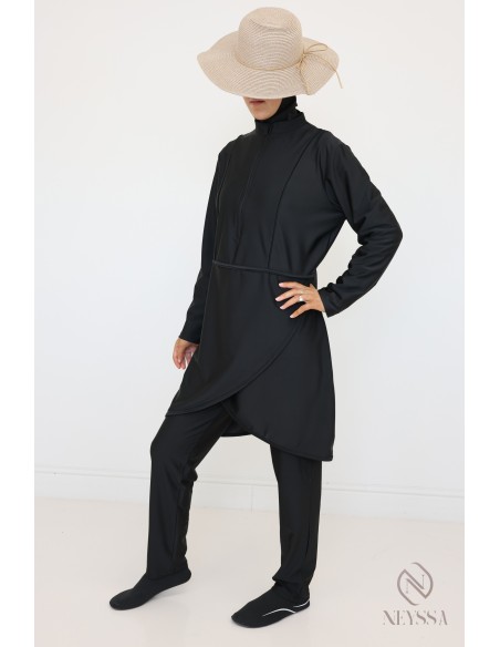 Burkini noir femme voilée, tunique à zip, pantalon et cagoule intégrée