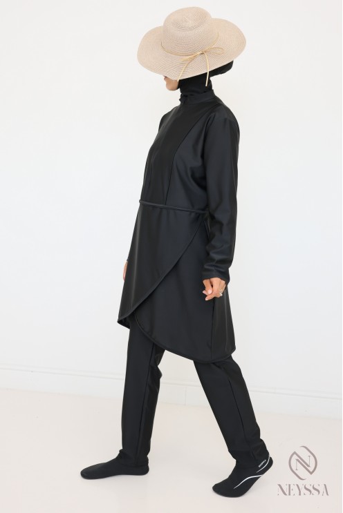 Veiled woman black burkini, tunic with zip, pants and integrated hood