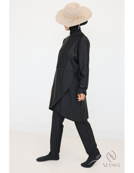 Veiled woman black burkini, tunic with zip, pants and integrated hood