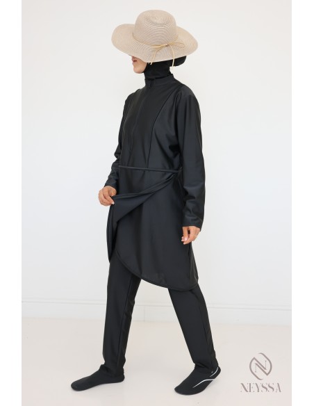 Veiled woman black burkini, tunic with zip, pants and integrated hood