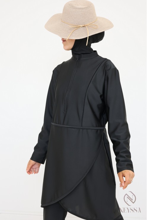 Veiled woman black burkini, tunic with zip, pants and integrated hood