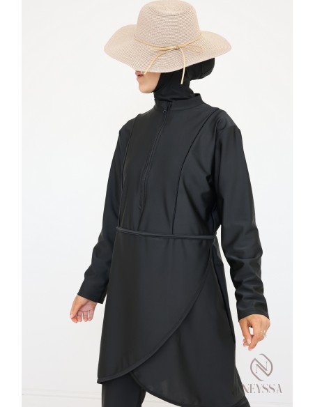 Burkini noir femme voilée, tunique à zip, pantalon et cagoule intégrée
