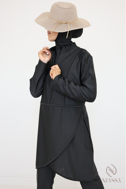 Schwarzer Burkini verschleierte Frau integrierte Kapuze