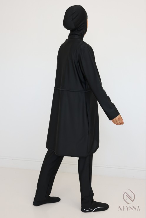 Burkini noir femme voilée, tunique à zip, pantalon et cagoule intégrée