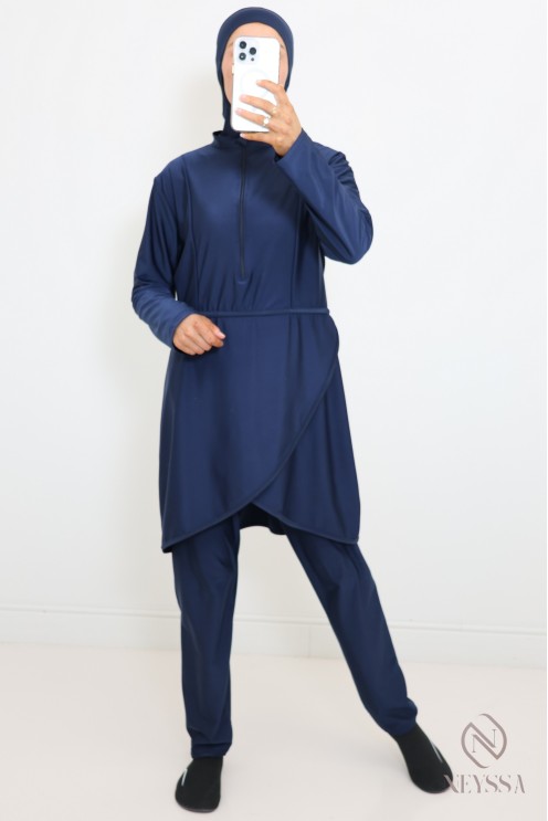 Burkini bleu tunique longue à zip, pantalon avec cagoule