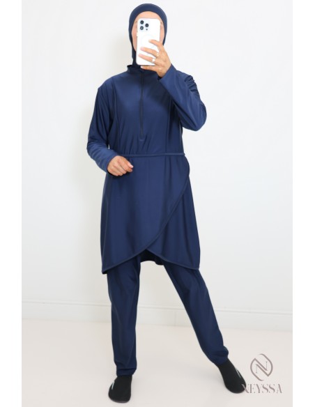 Blue burkini long tunic with zip, pants with hood
