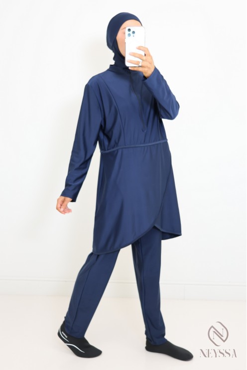 Blue burkini long tunic with zip, pants with hood