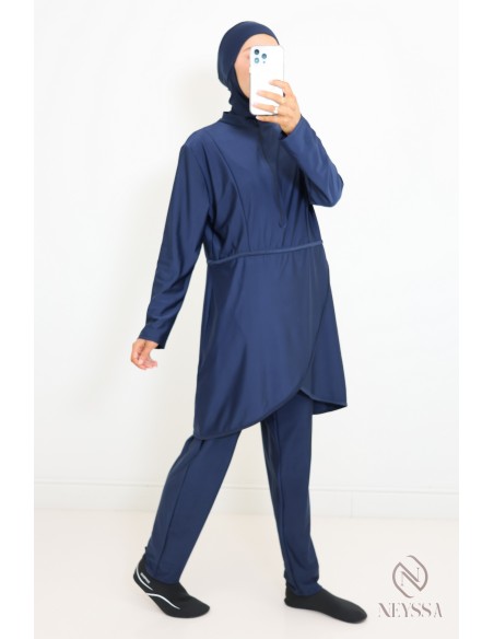 Burkini bleu tunique longue à zip, pantalon avec cagoule