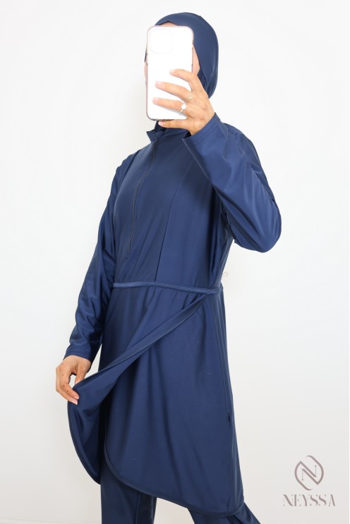 Blauer Burkini lange Tunika mit Reißverschluss, Hose mit Kapuze.