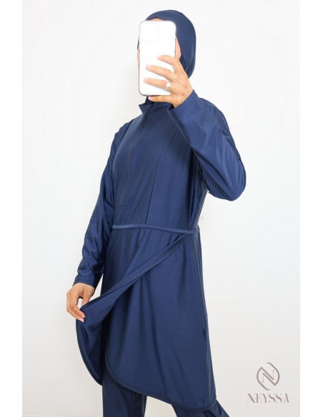 Burkini bleu tunique longue à zip, pantalon avec cagoule