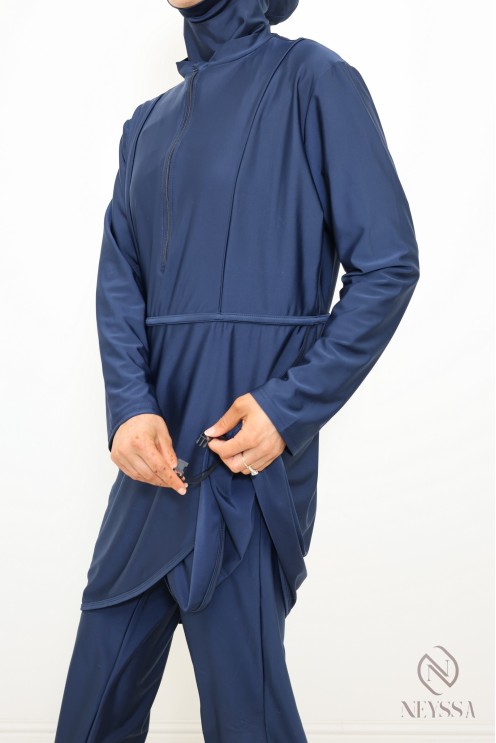 Burkini bleu tunique longue à zip, pantalon avec cagoule