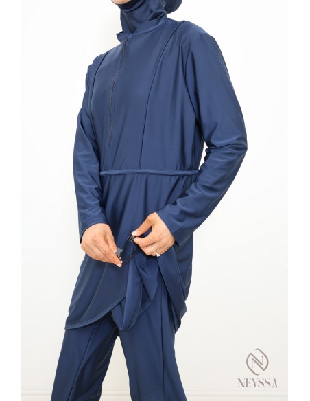 Blauer Burkini lange Tunika mit Reißverschluss, Hose mit Kapuze.