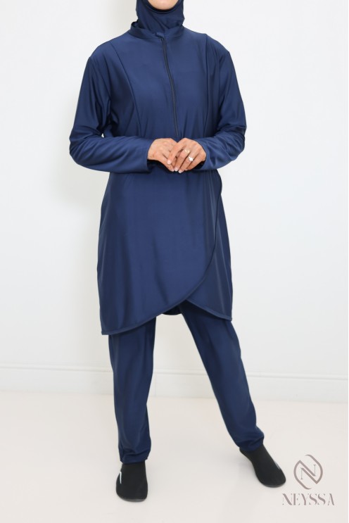 Blauer Burkini lange Tunika mit Reißverschluss, Hose mit Kapuze.