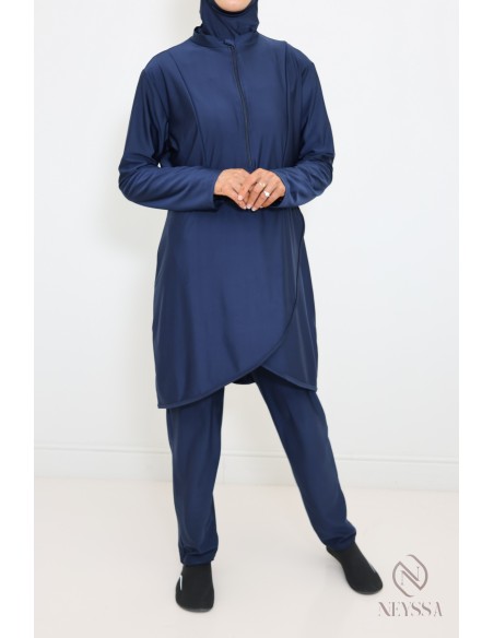 Blauer Burkini lange Tunika mit Reißverschluss, Hose mit Kapuze.