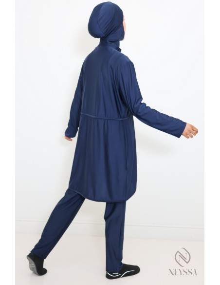 Burkini bleu tunique longue à zip, pantalon avec cagoule