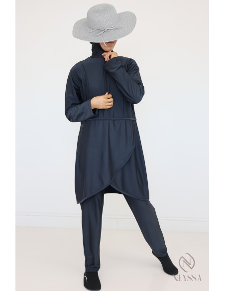 Burkini opaque gris qui sèche vite, tunique + pantalon + cagoule