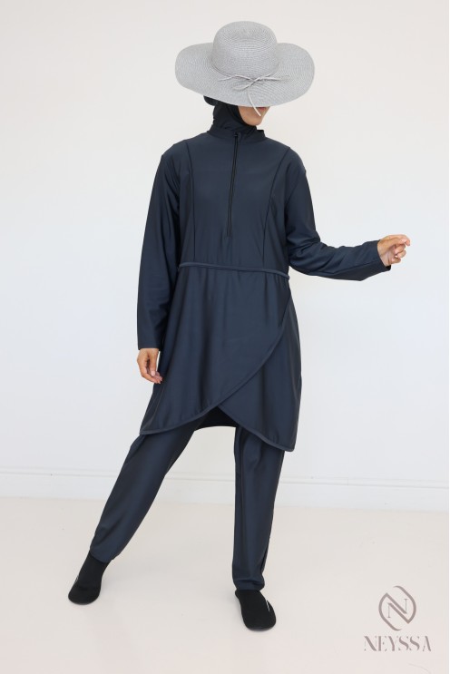 Grauer Burkini, der schnell trocknet, Tunika + Hose + Kapuze.