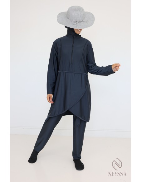 Burkini opaque gris qui sèche vite, tunique + pantalon + cagoule