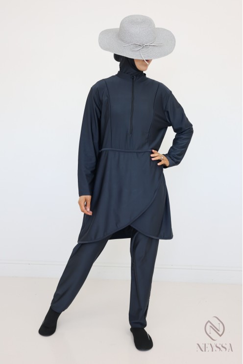 Quick-drying grey opaque burkini, tunic + pants + hood