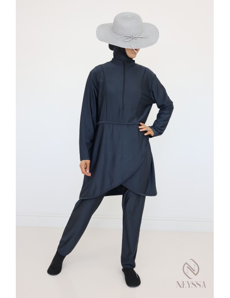 Grauer Burkini, der schnell trocknet, Tunika + Hose + Kapuze.