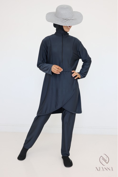 Quick-drying grey opaque burkini, tunic + pants + hood