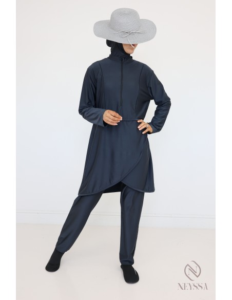 Burkini opaque gris qui sèche vite, tunique + pantalon + cagoule