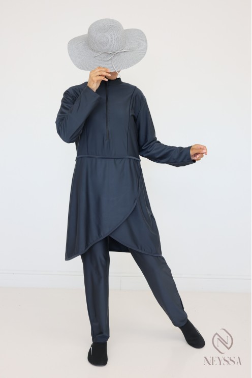 Grauer Burkini, der schnell trocknet, Tunika + Hose + Kapuze.