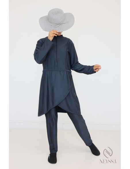 Quick-drying grey opaque burkini, tunic + pants + hood