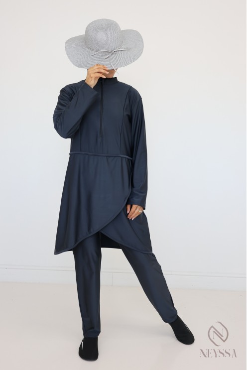 Grauer Burkini, der schnell trocknet, Tunika + Hose + Kapuze.