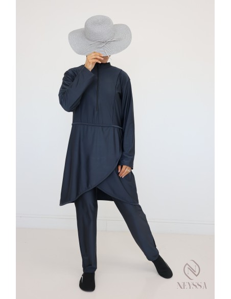 Burkini opaque gris qui sèche vite, tunique + pantalon + cagoule