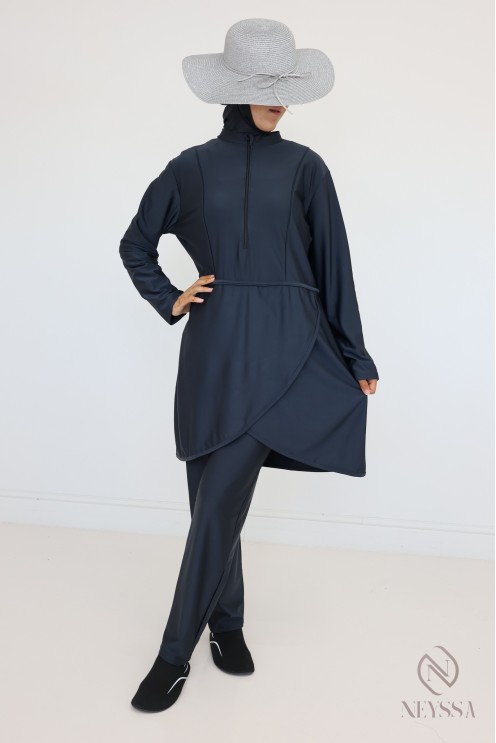 Grauer Burkini, der schnell trocknet, Tunika + Hose + Kapuze.