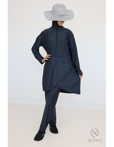 Quick-drying grey opaque burkini, tunic + pants + hood