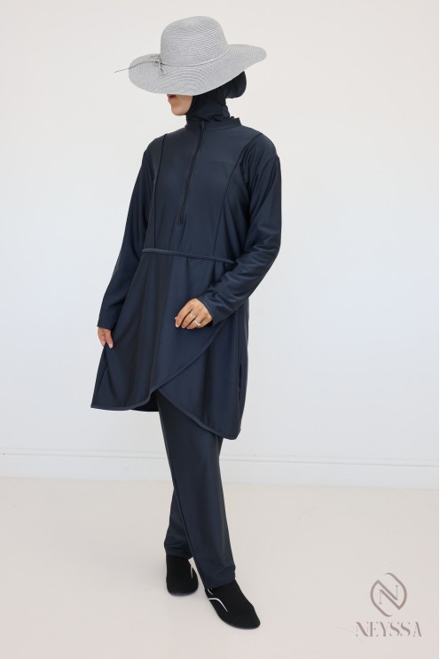 Burkini opaque gris qui sèche vite, tunique + pantalon + cagoule