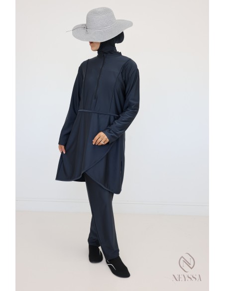 Burkini opaque gris qui sèche vite, tunique + pantalon + cagoule