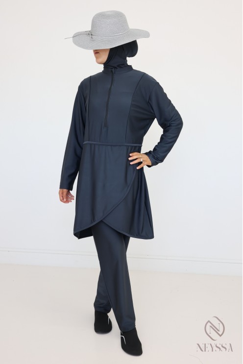 Grauer Burkini, der schnell trocknet, Tunika + Hose + Kapuze.