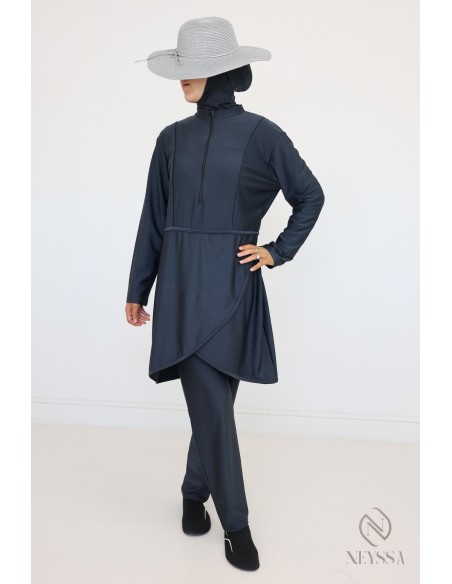 Grauer Burkini, der schnell trocknet, Tunika + Hose + Kapuze.