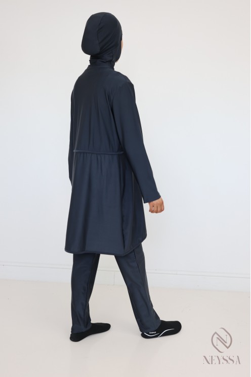 Burkini opaque gris qui sèche vite, tunique + pantalon + cagoule