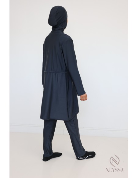 Quick-drying grey opaque burkini, tunic + pants + hood