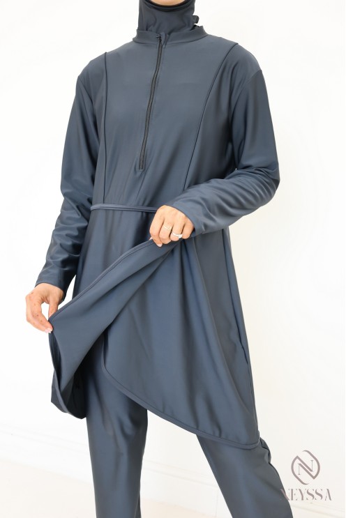 Grauer Burkini, der schnell trocknet, Tunika + Hose + Kapuze.