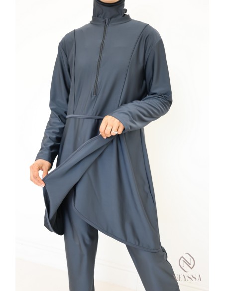 Quick-drying grey opaque burkini, tunic + pants + hood