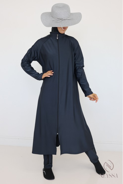 Burkini Tunika lang mit Reißverschluss + Hose + Kapuze