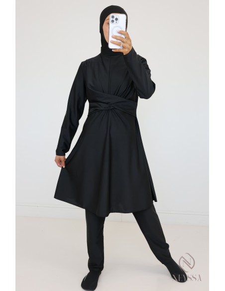Veiled woman black burkini, long tunic, pants and integrated hood
