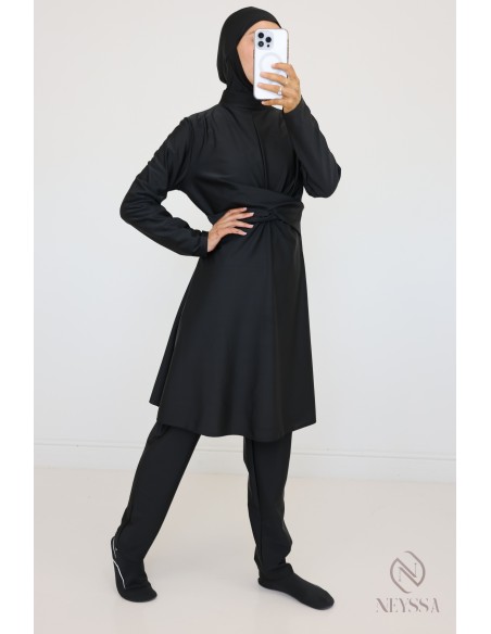 Veiled woman black burkini, long tunic, pants and integrated hood