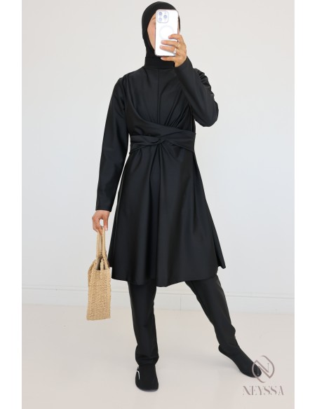 Veiled woman black burkini, long tunic, pants and integrated hood