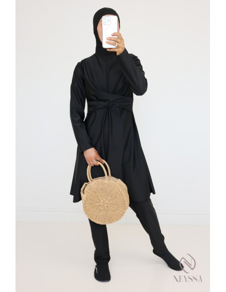 Veiled woman black burkini, long tunic, pants and integrated hood