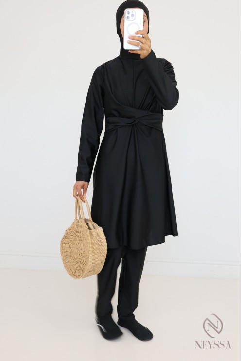 Veiled woman black burkini, long tunic, pants and integrated hood