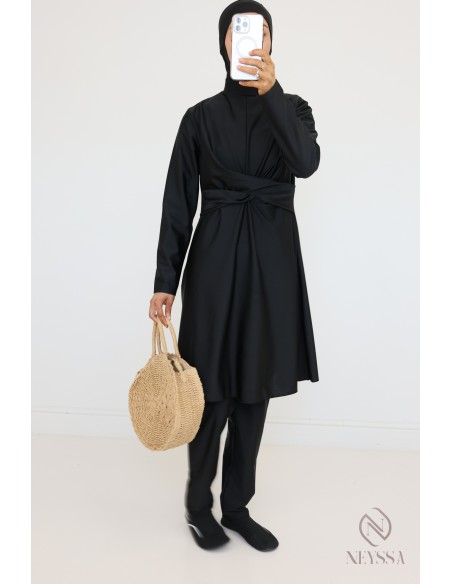 Veiled woman black burkini, long tunic, pants and integrated hood