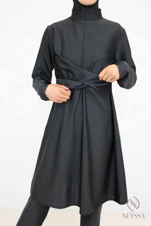 Veiled woman black burkini, long tunic, pants and integrated hood